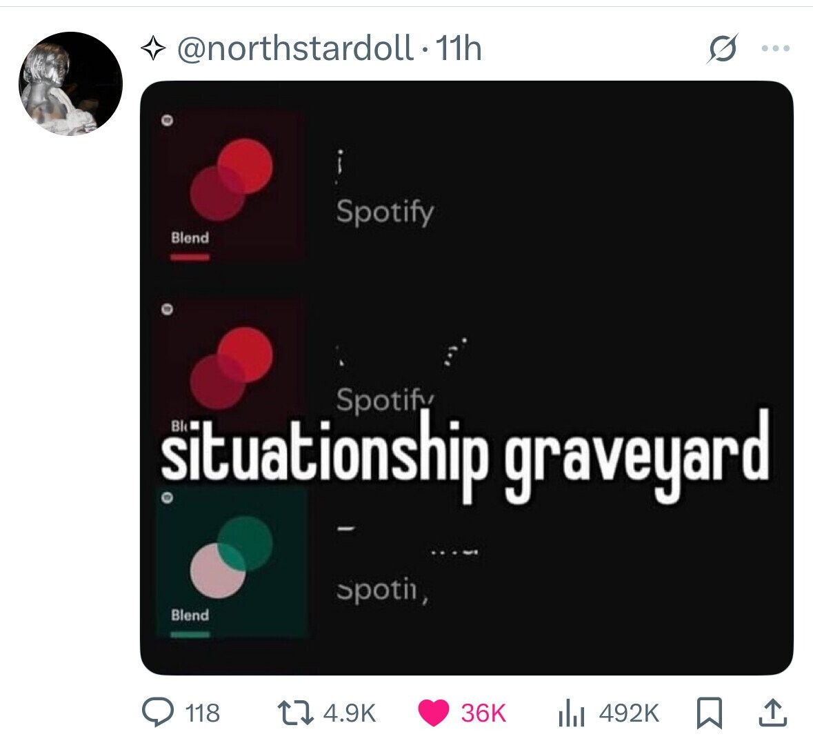 @northstardoll - 11h ... Spotify Blend Spotify situationship Bl graveyard - Spotir, Blend 118 4.9K 492K 36K 