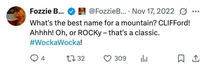 Fozzie в... @FozzieB... Nov 17, 2022 ... What's the best name for a mountain? CLIFFord! Ahhhh! Oh, or ROCKY- that's a classic. #WockaWocka! 4 32 309 