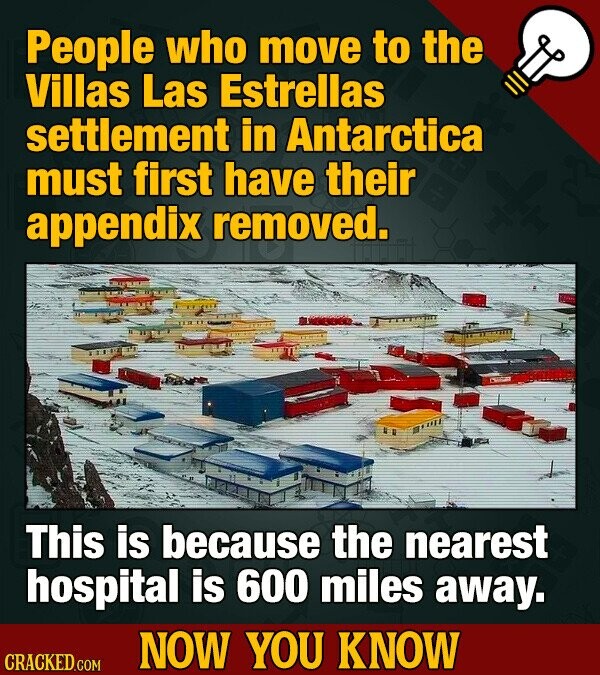 People who move to the Villas Las Estrellas settlement in Antarctica must first have their appendix removed. This is because the nearest hospital is 600 miles away. NOW YOU KNOW CRACKED.COM