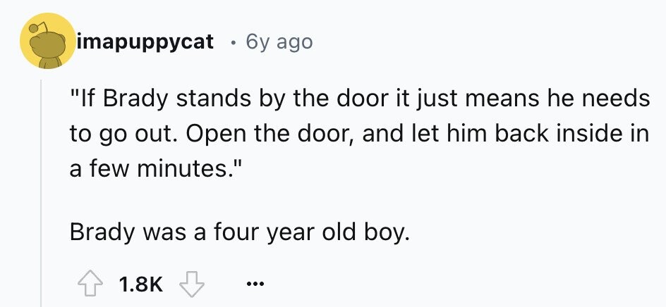 imapuppycat . 6y ago If Brady stands by the door it just means he needs to go out. Open the door, and let him back inside in a few minutes. Brady was a four year old boy. 1.8K ...