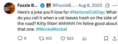 Fozzie в... @FozzieB... Aug 8, 2022 G ... Here's a joke you'll love for #NationalCatDay: What do you call it when a cat leaves trash on the side of the road? Kitty litter! Ahhhhh! I'm feline good about that one. #WockaWocka! 9 100 623 