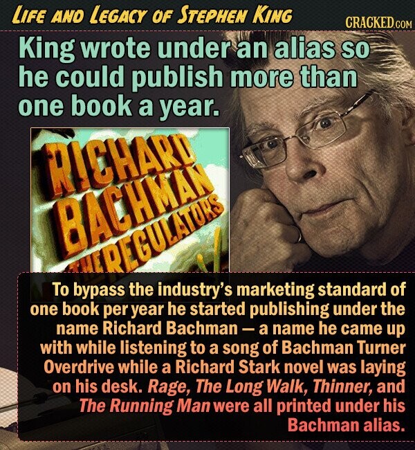LIFE AND LEGACY OF STEPHEN KING CRACKED.COM King wrote under an alias so he could publish more than one book a year. RICHAR! BACHMAN RECULATORS To bypass the industry's marketing standard of one book per year he started publishing under the name Richard Bachman - a name he came up with while listening to a song of Bachman Turner Overdrive while a Richard Stark novel was laying on his desk. Rage, The Long Walk, Thinner, and The Running Man were all printed under his Bachman alias. 