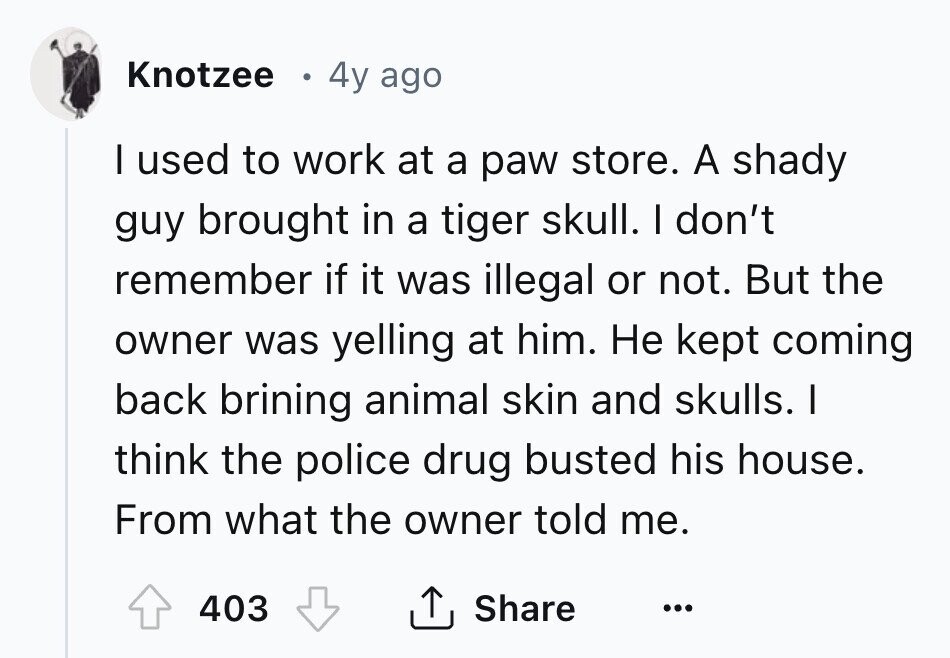 Knotzee 4y ago I used to work at a paw store. A shady guy brought in a tiger skull. I don't remember if it was illegal or not. But the owner was yelling at him. Не kept coming back brining animal skin and skulls. I think the police drug busted his house. From what the owner told me. Share 403 ... 