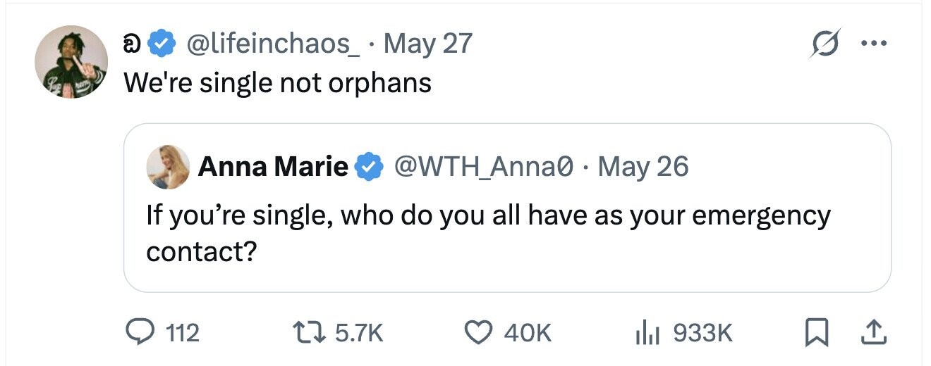 @ @lifeinchaos_. May 27 5 ... Pug room We're single not orphans Anna Marie @WTH_Anna0 . May 26 If you're single, who do you all have as your emergency contact? 112 5.7K 40K 933K