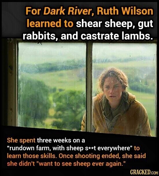 For Dark River, Ruth Wilson learned to shear sheep, gut rabbits, and castrate lambs. She spent three weeks on a rundown farm, with sheep S**t everywhere to learn those skills. Once shooting ended, she said she didn't want to see sheep ever again. CRACKED.COM