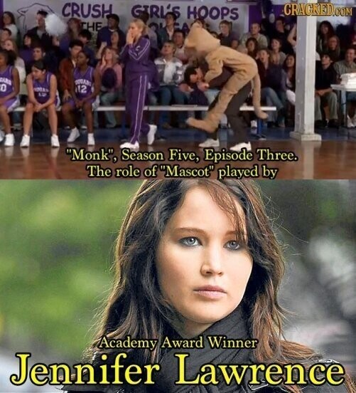 CRACKED.COM CRUSH GIRL'S HOOPS THE CARD 0 TOMANI ОПА 12 LU Monk, Season Five, Episode Three. The role of Mascot played by Academy Award Winner Jennifer Lawrence
