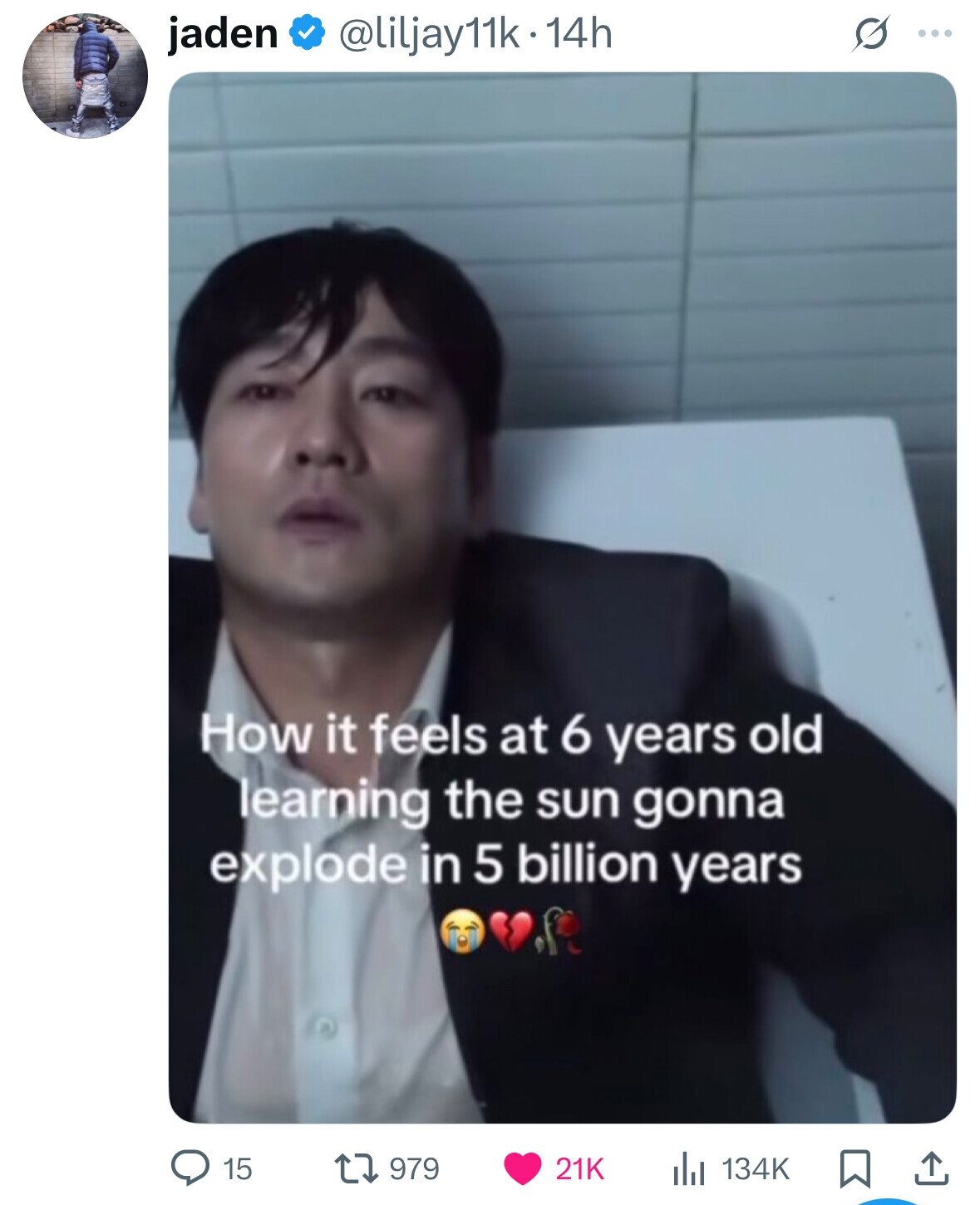jaden @liljay11k - 14h S ... How it feels at 6 years old learning the sun gonna explode in 5 billion years 15 979 21K 134K 