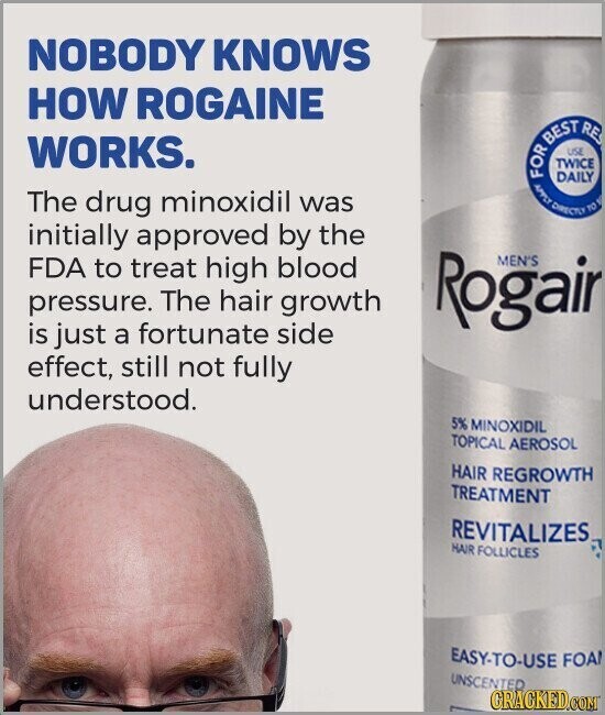 NOBODY KNOWS HOW ROGAINE WORKS. FOR BEST DIRECTLY TWICE DAILY USE RE TO 4 The drug minoxidil was initially approved by the FDA to treat high blood pressure. The hair growth Rogair MEN'S is just a fortunate side effect, still not fully understood. 5% MINOXIDIL TOPICAL AEROSOL HAIR REGROWTH TREATMENT REVITALIZES HAIR FOLLICLES EASY-TO-USE FOA UNSCENTED GRACKED.COM