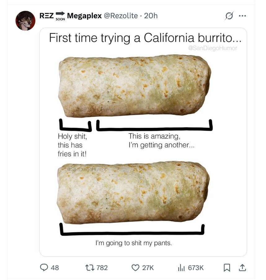 REZ s Megaplex @Rezolite 20h ... SOON First time trying a California burrito... @SanDiegoHumor يا This is amazing, Holy shit, this has I'm getting another... fries in it! @SanDregoHumor I'm going to shit my pants. 48 782 27K 673K