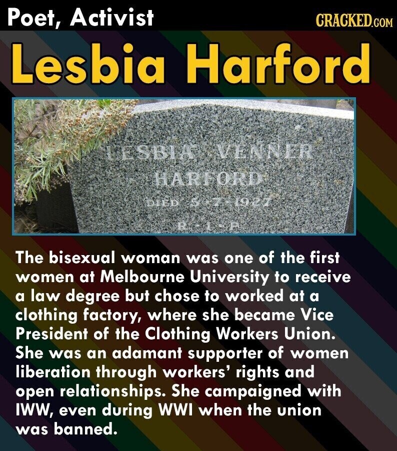 Poet, Activist CRACKED.COM Lesbia Harford LESBIA VENNER HARFORD DIED of 071927 RIP The bisexual woman was one of the first women at Melbourne University to receive a law degree but chose to worked at a clothing factory, where she became Vice President of the Clothing Workers Union. She was an adamant supporter of women liberation through workers' rights and open relationships. She campaigned with IWW, even during WWI when the union was banned.