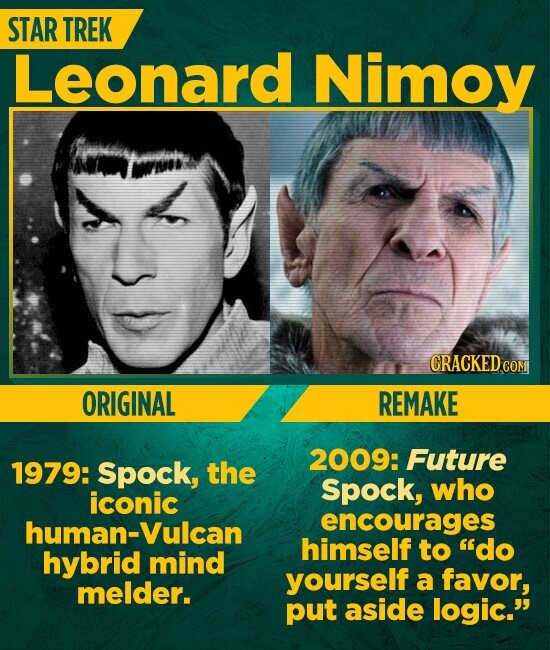 STAR TREK Leonard Nimoy CRACKED.COM ORIGINAL REMAKE 2009: Future 1979: Spock, the Spock, who iconic encourages human-Vulcan himself to do hybrid mind yourself a favor, melder. put aside logic.
