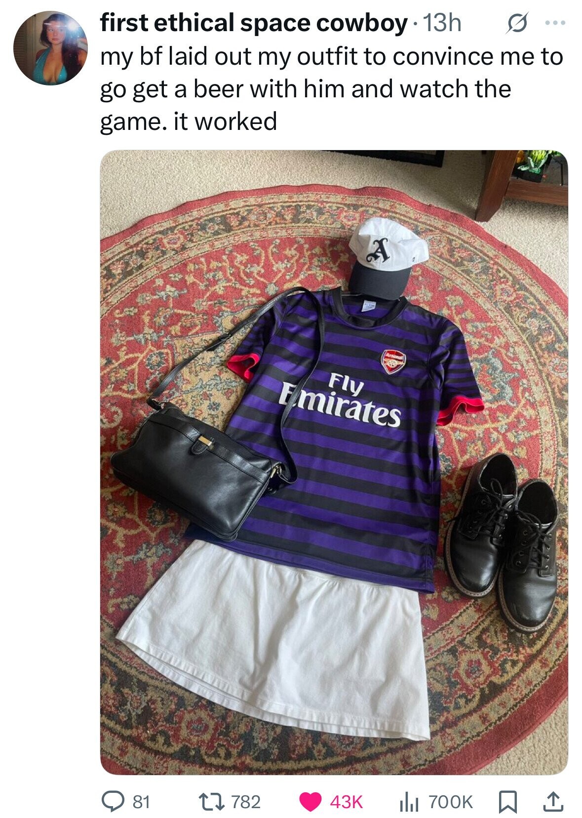 first ethical space cowboy 13h s ... my bf laid out my outfit to convince me to go get a beer with him and watch the game. it worked A Arsenal Fly Emirates 782 43K 81 700K 