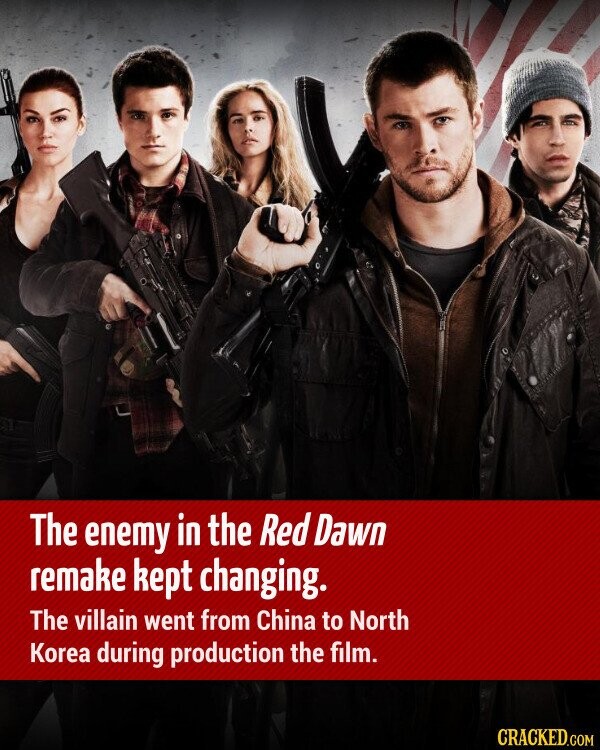The enemy in the Red Dawn remake kept changing. The villain went from China to North Korea during production the film. CRACKED.COM