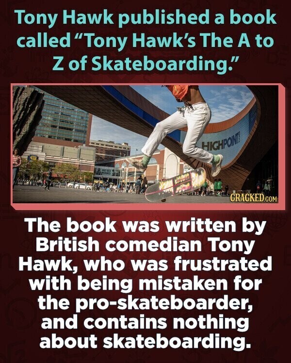 Tony Hawk published a book called Tony Hawk's The A to Z of Skateboarding. HIGHPOINT CRACKED.COM The book was written by British comedian Tony Hawk, who was frustrated with being mistaken for the pro-skateboarder, and contains nothing about skateboarding.
