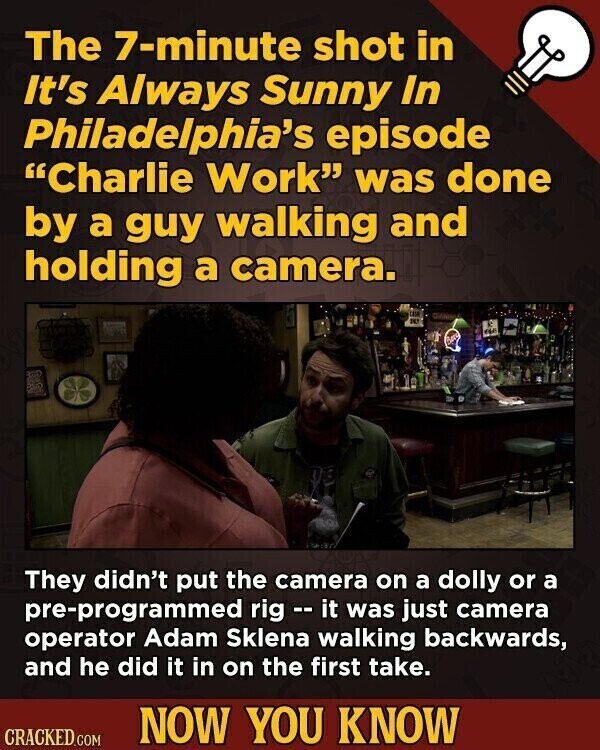 The 7-minute shot in It's Always Sunny In Philadelphia's episode Charlie Work was done by a guy walking and holding a camera. 20 FRE They didn't put the camera on a dolly or a pre-programmed rig -- it was just camera operator Adam Sklena walking backwards, and he did it in on the first take. NOW YOU KNOW CRACKED.COM