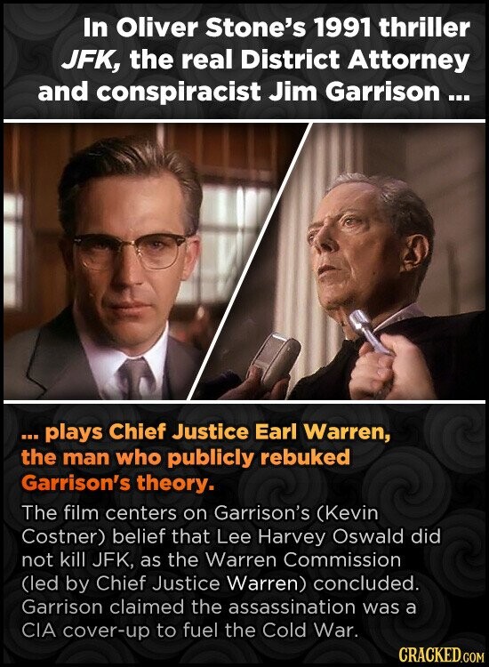 In Oliver Stone's 1991 thriller JFK, the real District Attorney and conspiracist Jim Garrison ... ...plays Chief Justice Earl Warren, the man who publicly rebuked Garrison's theory. The film centers on Garrison's (Kevin Costner) belief that Lee Harvey Oswald did not kill JFK, as the Warren Commission (led by Chief Justice Warren) concluded. Garrison claimed the assassination was a CIA cover-up to fuel the Cold War. CRACKED.COM