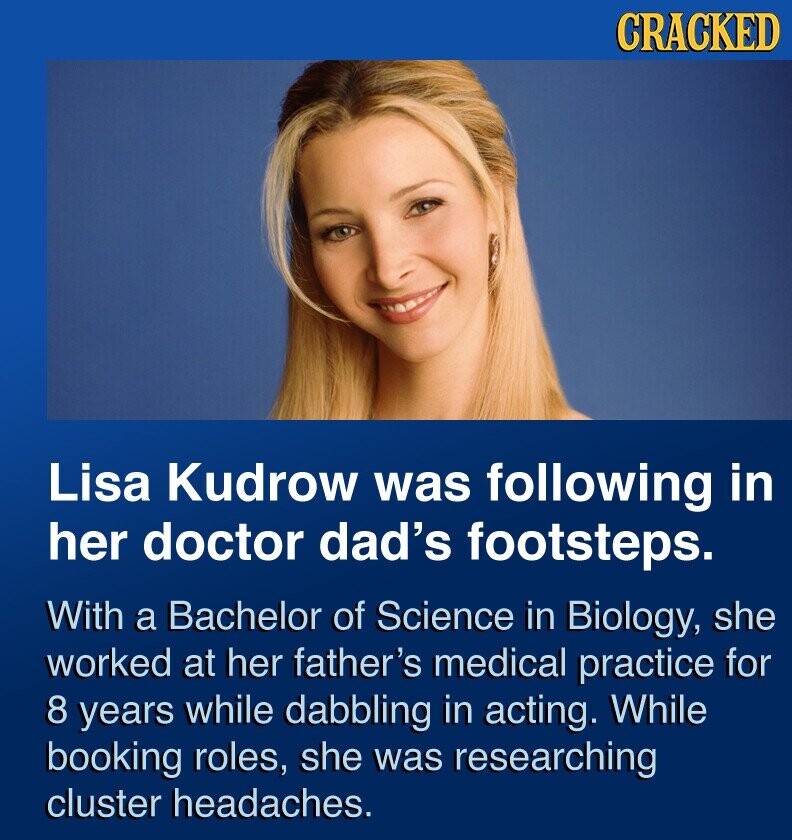 CRACKED Lisa Kudrow was following in her doctor dad's footsteps. With a Bachelor of Science in Biology, she worked at her father's medical practice for 8 years while dabbling in acting. While booking roles, she was researching cluster headaches.