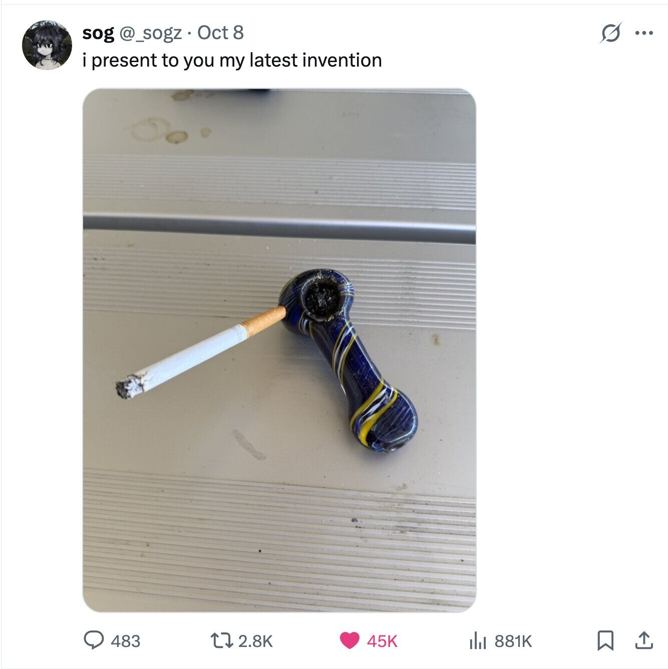 G ... sog @_sogz. Oct 8 present to you my latest invention 2.8K 881K 483 45K 