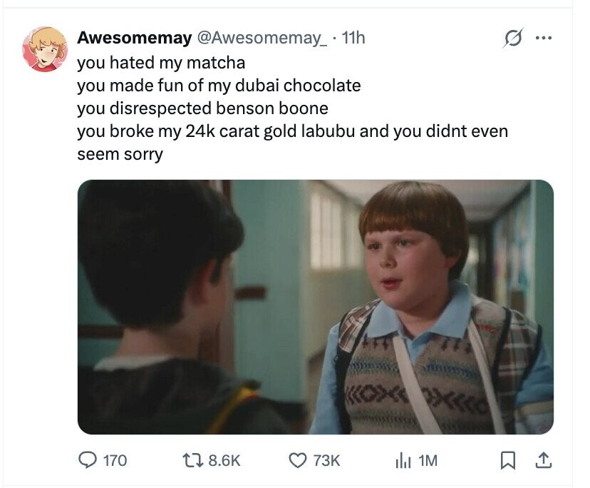 Awesomemay @Awesomemay_. 11h ... you hated my matcha you made fun of my dubai chocolate you disrespected benson boone you broke my 24k carat gold labubu and you didnt even seem sorry 170 8.6K 73K del 1M