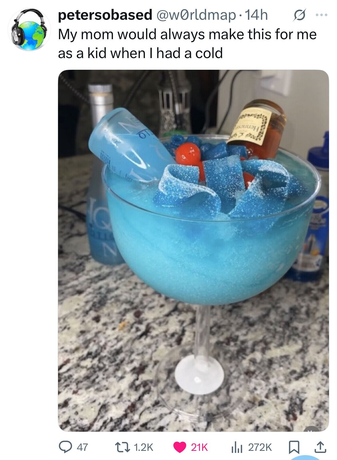 petersobased @wOrldmap 14h s ... My mom would always make this for me as a kid when I had a cold 60 Henness N 47 1.2K 21K 272K 