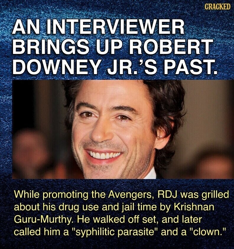 CRACKED AN INTERVIEWER BRINGS UP ROBERT DOWNEY JR.'S PAST. While promoting the Avengers, RDJ was grilled about his drug use and jail time by Krishnan Guru-Murthy. Не walked off set, and later called him a syphilitic parasite and a clown.