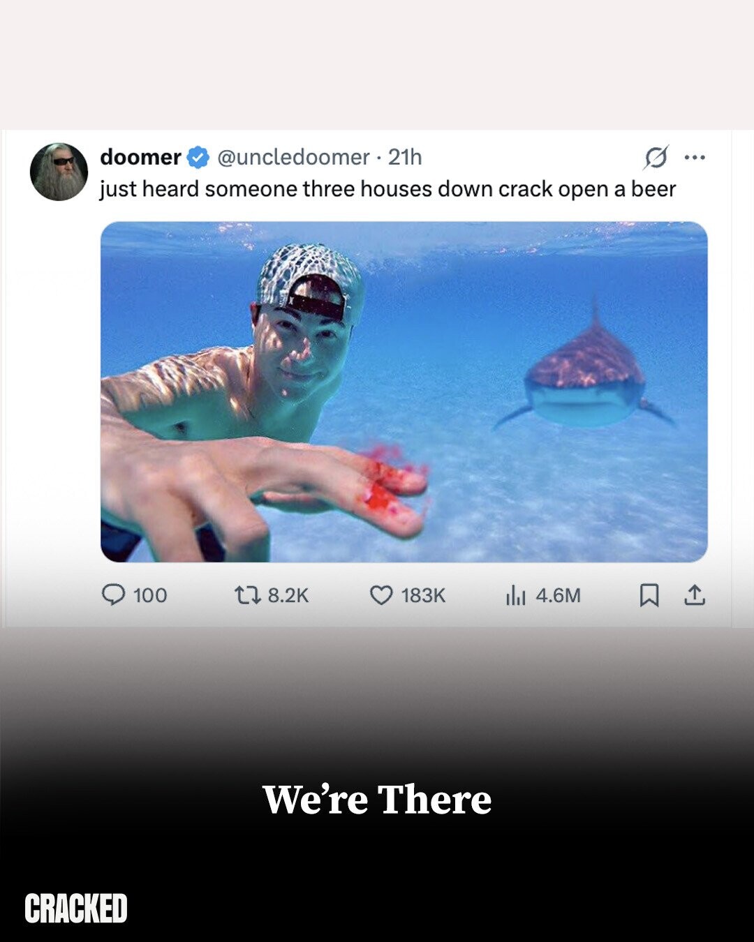 doomer @uncledoomer. 21h s ... just heard someone three houses down crack open a beer 100 8.2K 183K 4.6M We're There CRACKED