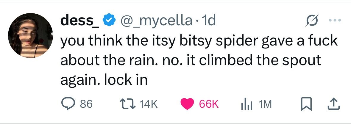 dess_ @_mycella 1d you think the itsy bitsy spider gave a fuck about the rain. no. it climbed the spout again. lock in 86 14K 66K del 1M 