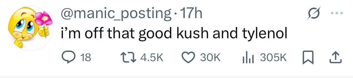 @manic_posting 17h i'm off that good kush and tylenol 18 4.5K 30K 305K 