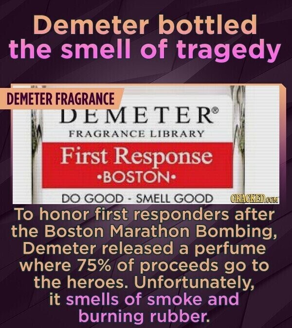 Demeter bottled the smell of tragedy DEMETER FRAGRANCE DEMETER® FRAGRANCE LIBRARY First Response •BOSTON DO GOOD-SMELL GOOD GRACKED.COM To honor first responders after the Boston Marathon Bombing, Demeter released a perfume where 75% of proceeds go to the heroes. Unfortunately, it smells of smoke and burning rubber.