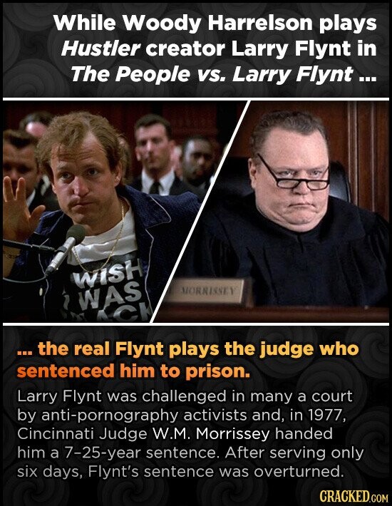 While Woody Harrelson plays Hustler creator Larry Flynt in The People vs. Larry Flynt ... WISH MORRISSEY WAS СК ... the real Flynt plays the judge who sentenced him to prison. Larry Flynt was challenged in many a court by anti-pornography activists and, in 1977, Cincinnati Judge W.M. Morrissey handed him a 7-25-year sentence. After serving only six days, Flynt's sentence was overturned. CRACKED.COM