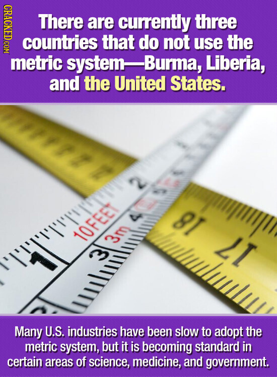 CRACKED COM There are currently three countries that do not use the metric system-Burma, Liberia, and the United States. 2 4 81 LI 10FEET 3m 4 3 Many U.S. industries have been slow to adopt the metric system, but it is becoming standard in certain areas of science, medicine, and government.