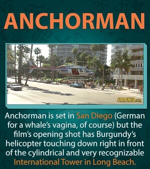 ANCHORMAN KWW GRACKED.COM Anchorman is set in San Diego (German for a whale's vagina, of course) but the film's opening shot has Burgundy's helicopter touching down right in front of the cylindrical and very recognizable International Tower in Long Beach.