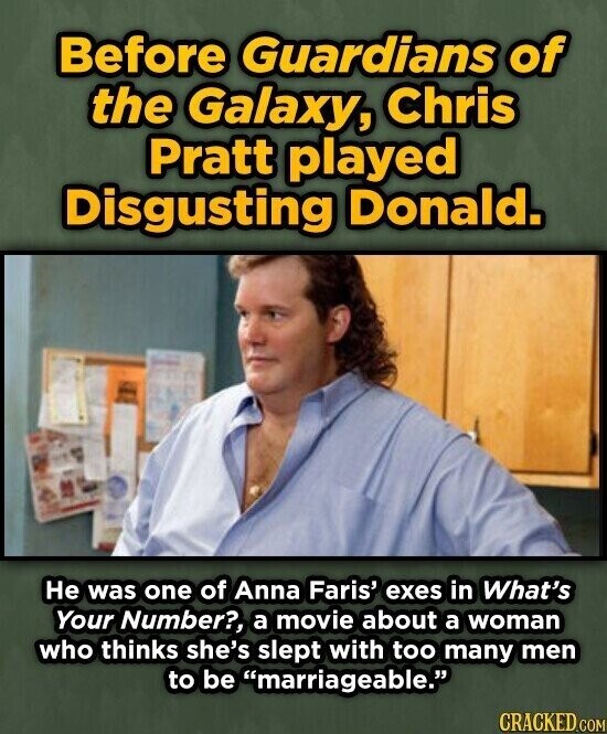 Before Guardians of the Galaxy, Chris Pratt played Disgusting Donald. Не was one of Anna Faris' exes in What's Your Number?, a movie about a woman who thinks she's slept with too many men to be marriageable. CRACKED.COM