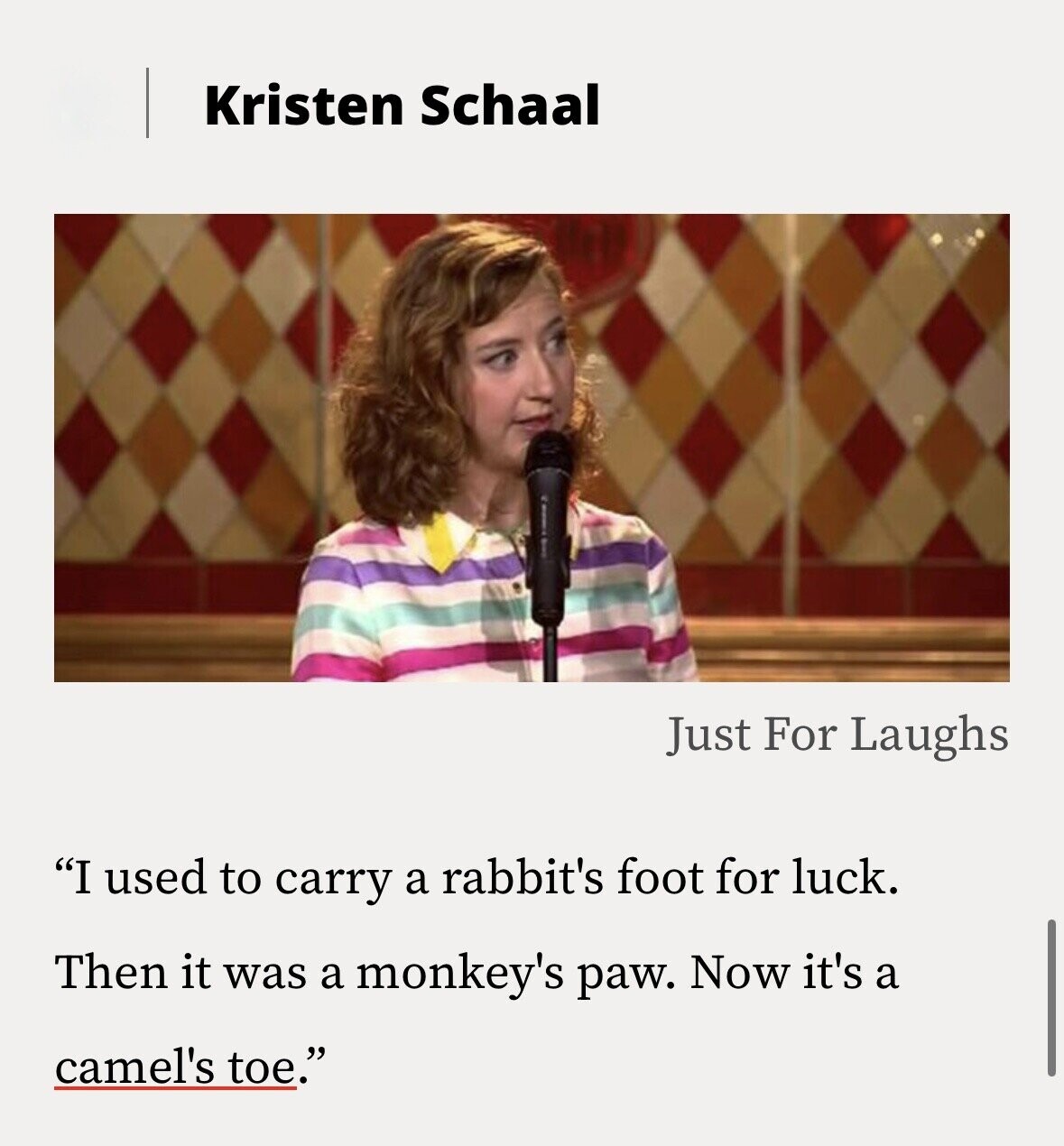 Kristen Schaal Just For Laughs I used to carry a rabbit's foot for luck. Then it was a monkey's paw. Now it's a camel's toe.