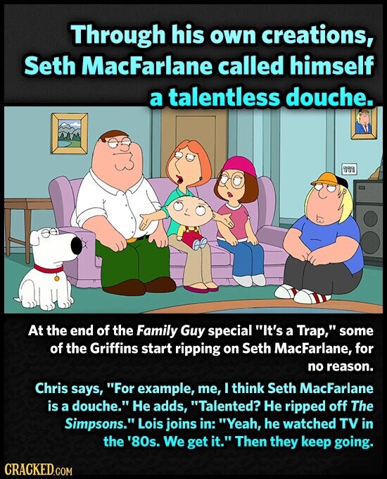 Through his own creations, Seth MacFarlane called himself a talentless douche. 199 At the end of the Family Guy special It's a Trap, some of the Griffins start ripping on Seth MacFarlane, for no reason. Chris says, For example, me, I think Seth MacFarlane is a douche. Не adds, Talented? Не ripped off The Simpsons. Lois joins in: Yeah, he watched TV in the '80s. We get it. Then they keep going. CRACKED.COM