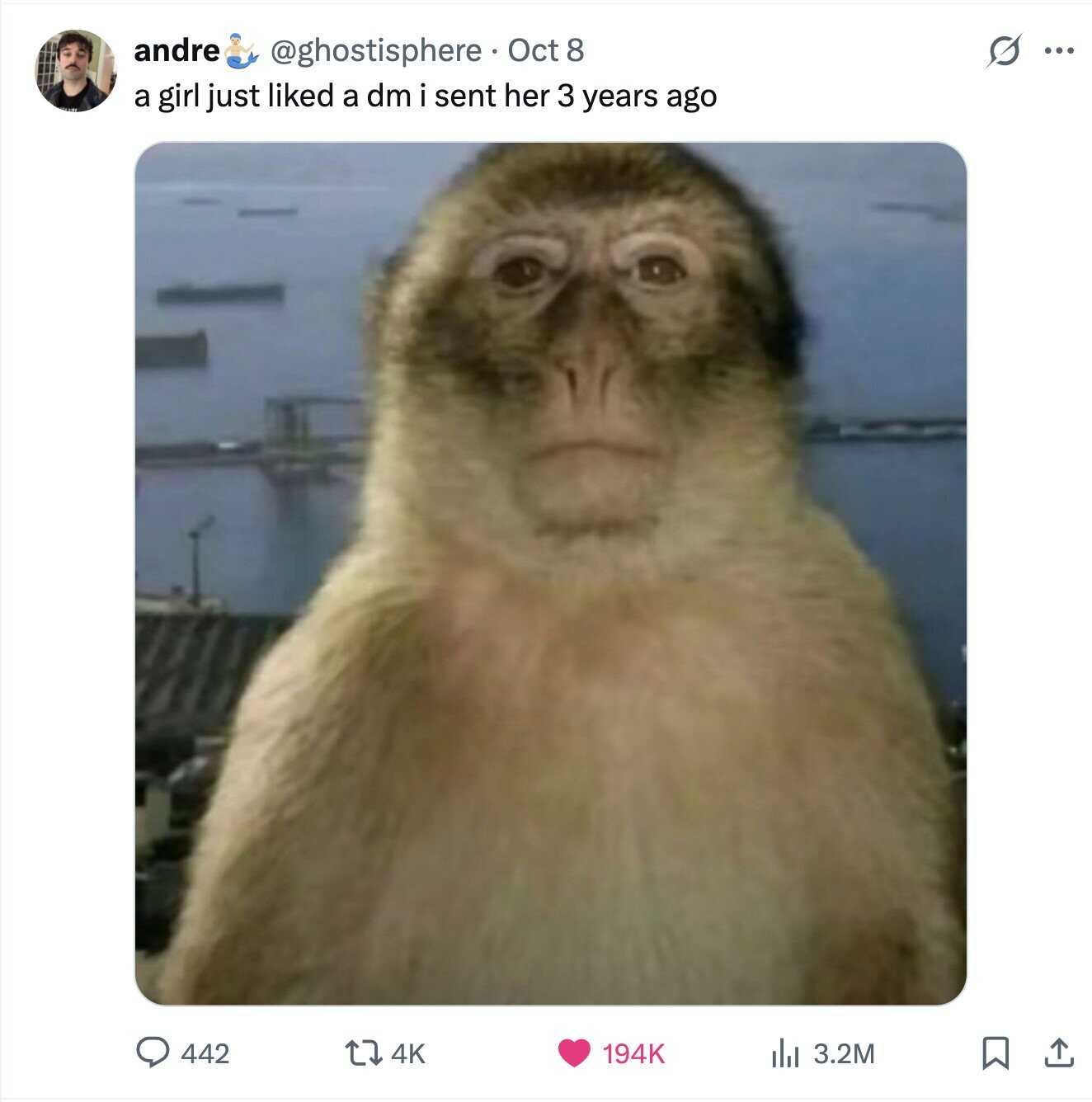 andre G @ghostisphere Oct 8 ... a girl just liked a dm i sent her 3 years ago 442 4K 194K del 3.2M 