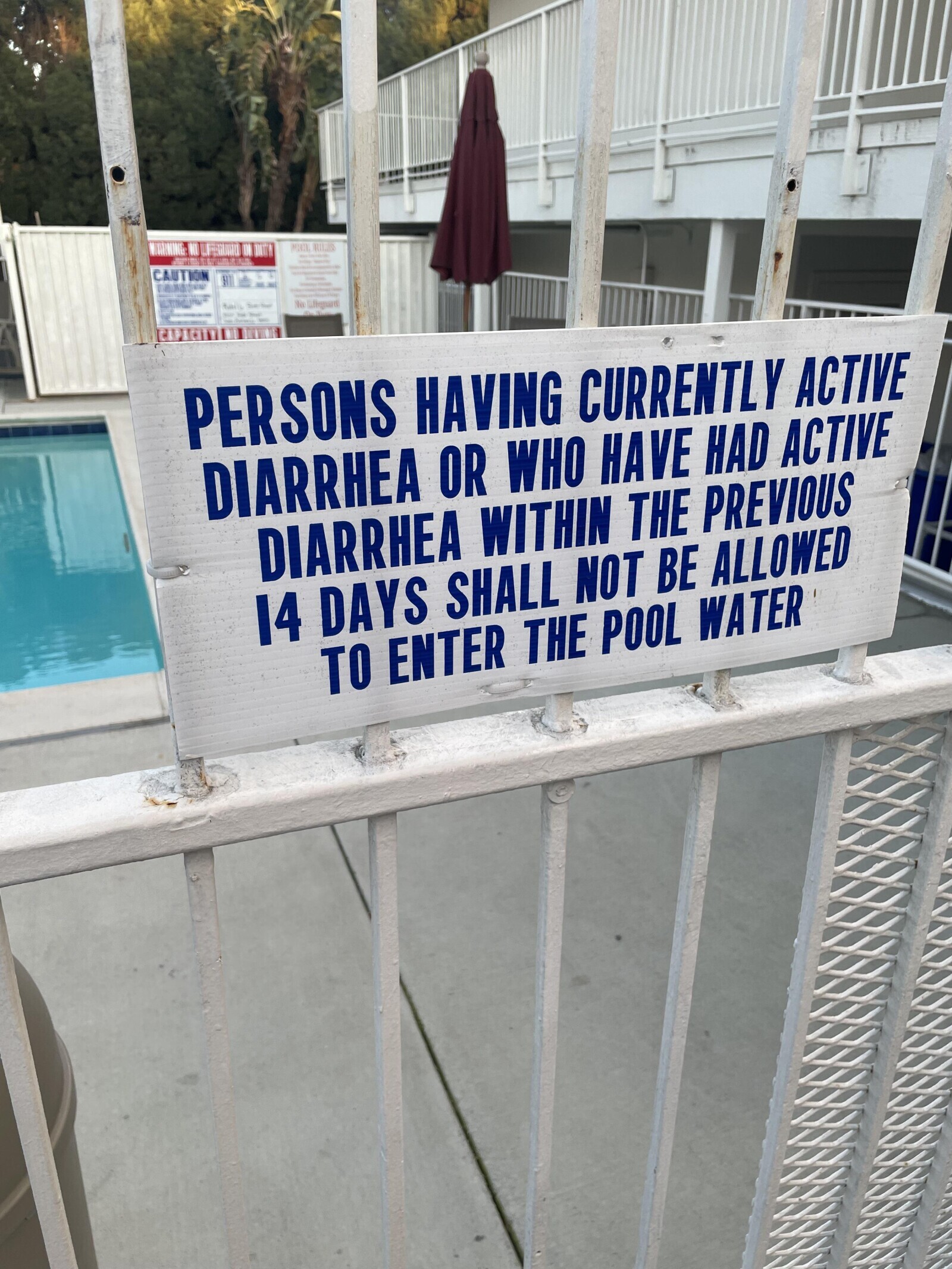 MURRING WU IN MINI RILIS that - I - CAUTION H the Se - the No and Lifequard PERSONS HAVING CURRENTLY ACTIVE DIARRHEA OR WHO HAVE HAD ACTIVE DIARRHEA WITHIN THE PREVIOUS 14 DAYS SHALL NOT BE ALLOWED TO ENTER THE POOL WATER