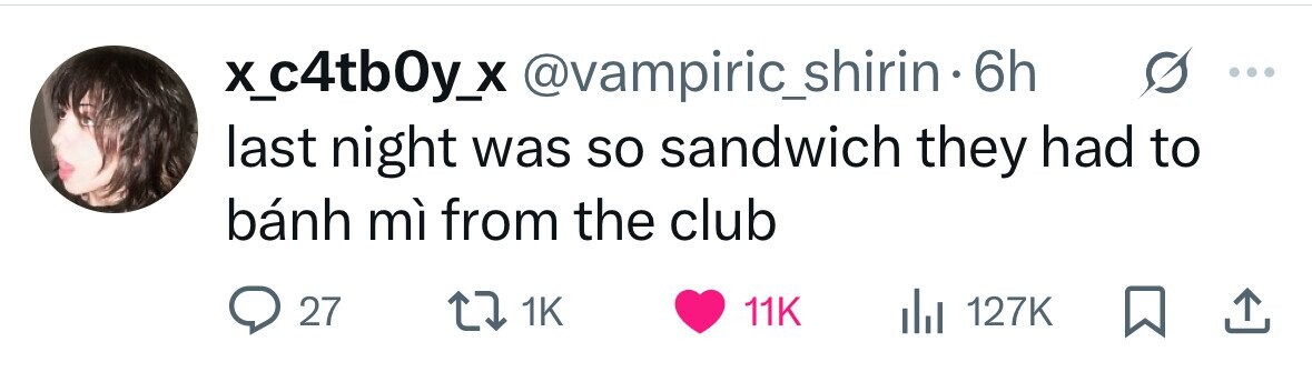 x_c4tb0y_x @vampiric_shirin 6h last night was so sandwich they had to bánh mì from the club 27 1K 11K 127K 