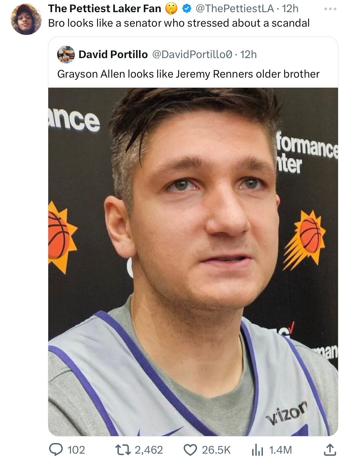 The Pettiest Laker Fan @ThePettiestLA 12h Bro looks like a senator who stressed about a scandal David Portillo @DavidPortillo0. 12h Grayson Allen looks like Jeremy Renners older brother nce formance nter man vizon 102 26.5K 2,462 1.4M