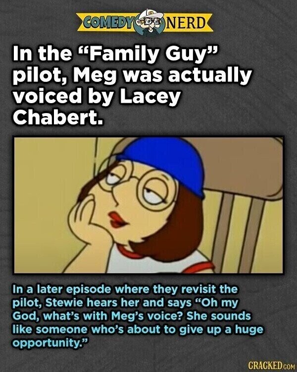 COMEDY NERD In the Family Guy pilot, Meg was actually voiced by Lacey Chabert. In a later episode where they revisit the pilot, Stewie hears her and says Oh my God, what's with Meg's voice? She sounds like someone who's about to give up a huge opportunity. CRACKED.COM