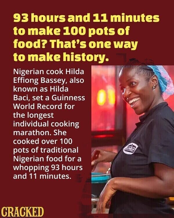 93 hours and 11 minutes to make 100 pots of food? That's one way to make history. Nigerian cook Hilda Effiong Bassey, also known as Hilda Baci, set a Guinness World Record for the longest individual cooking marathon. She cooked over 100 adidas SALE pots of traditional (COKATH) Nigerian food for a whopping 93 hours and 11 minutes. CRACKED