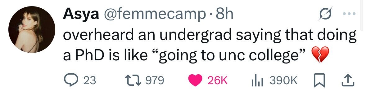 Asya @femmecamp.8h overheard an undergrad saying that doing a PhD is like going to unc college 23 979 26K 390K 