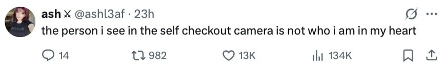 ash X @ashl3af23h ... the person i see in the self checkout camera is not who i am in my heart 14 982 13K del 134K 