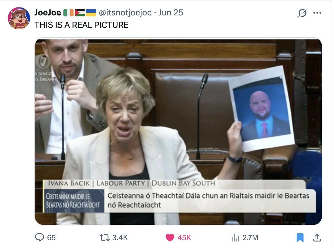 JoeJoe TO @itsnotjoejoe Jun 25 s ... THIS IS A REAL PICTURE S JUNE 2 IL EIREANN IVANA BACIK LABOUR PARTY I DUBLIN BAY SOUTH CEISTEANNA MAIDIRLE Ceisteanna ó Theachtaí Dála chun an Rialtais maidir le Beartas BEARTAS NÓ REACHTAÍOCHT nó Reachtaíocht 65 3.4K 45K del 2.7M