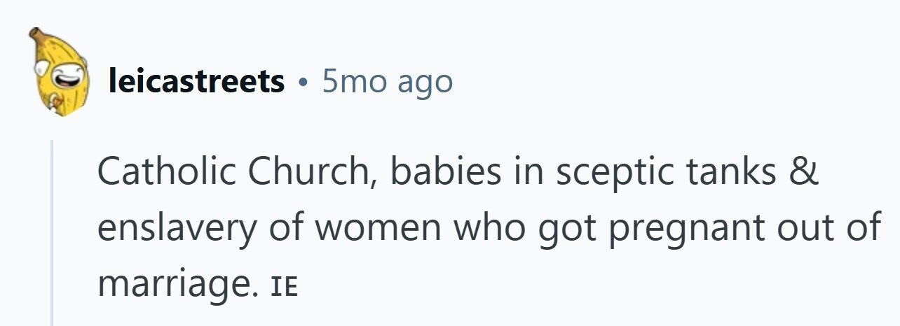 leicastreets 5mo ago Catholic Church, babies in sceptic tanks & enslavery of women who got pregnant out of marriage. IE