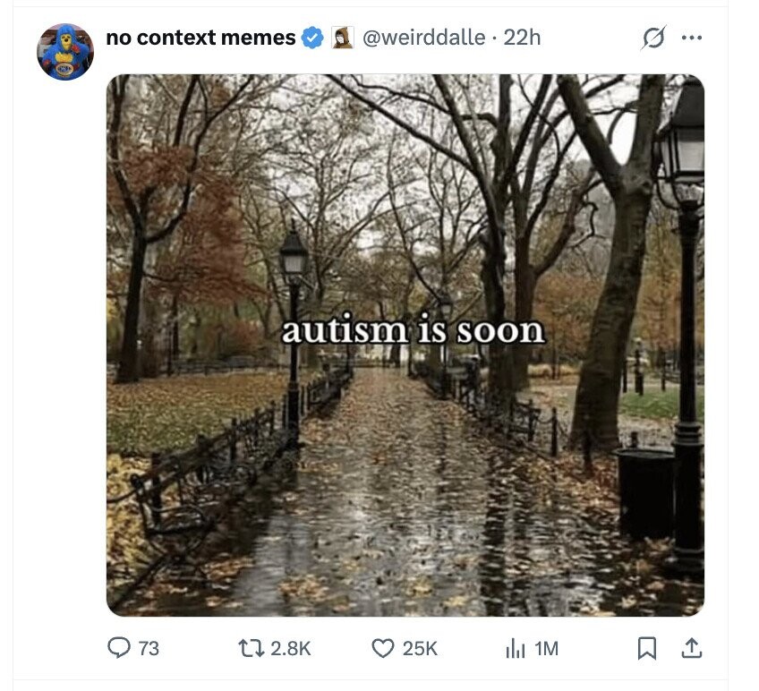 no context memes @weirddalle . 22h O ... autism is soon 73 2.8K 25K del 1M