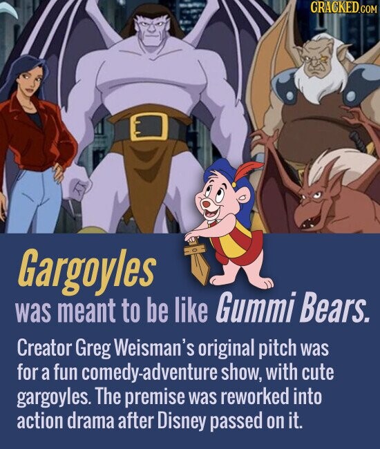 Gargoyles meant to be Gummi Bears. was like Creator Greg Weisman's original pitch was for a fun comedy-adventure show, with cute gargoyles. The premise was reworked into action drama after Disney passed on it.
