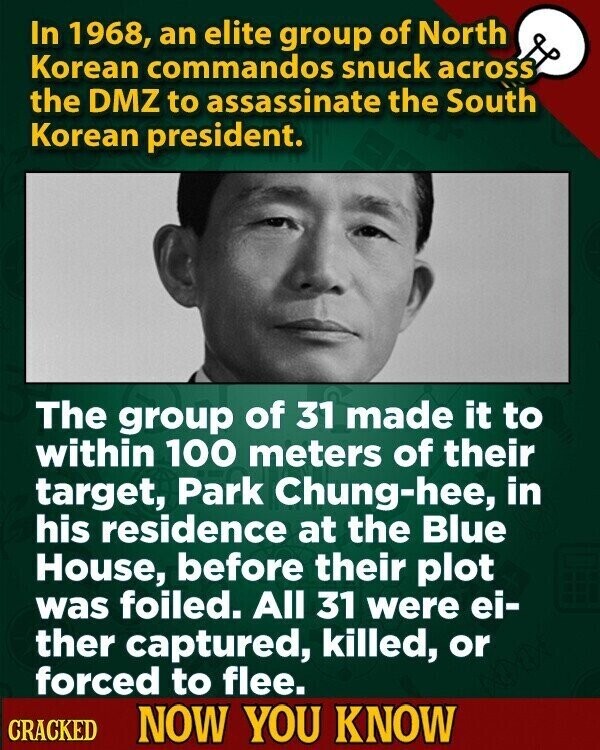 In 1968, an elite group of North Korean commandos snuck across the DMZ to assassinate the South Korean president. The group of 31 made it to within 100 meters of their target, Park Chung-hee, in his residence at the Blue House, before their plot was foiled. All 31 were ei- ther captured, killed, or forced to flee. CRACKED NOW YOU KNOW