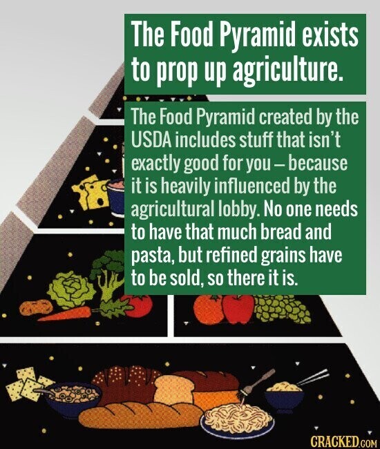 The Food Pyramid exists to prop up agriculture. The Food Pyramid created by the USDA includes stuff that isn't exactly good for you-because it is heavily influenced by the agricultural lobby. No one needs to have that much bread and pasta, but refined grains have to be sold, so there it is. CRACKED.COM