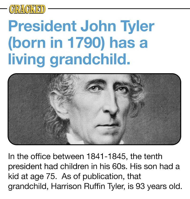 CRACKED President John Tyler (born in 1790) has a living grandchild. In the office between 1841-1845, the tenth president had children in his 60s. His son had a kid at age 75. As of publication, that grandchild, Harrison Ruffin Tyler, is 93 years old.